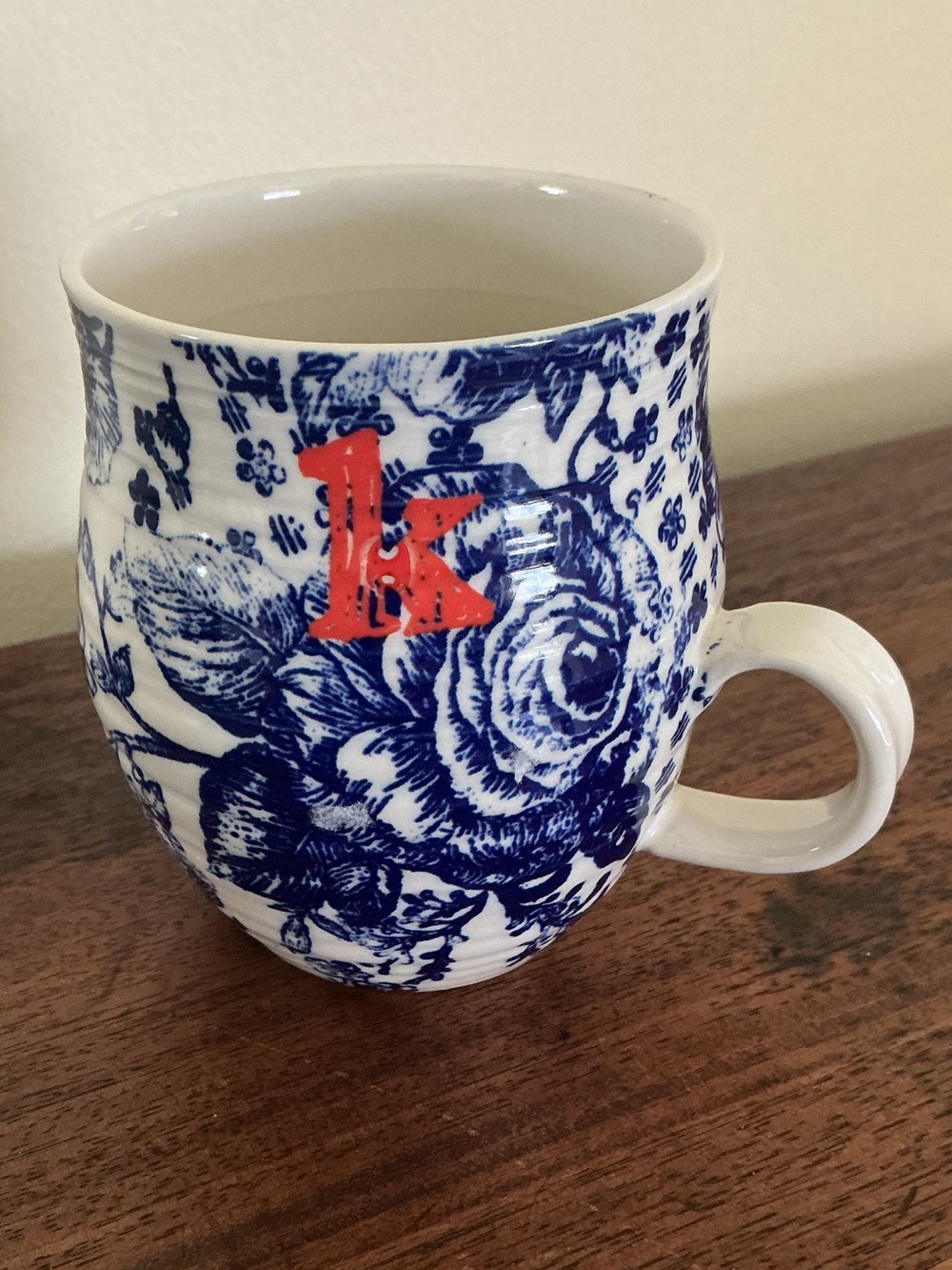 Anthropologie Homegrown Monogram Mug Initial K Blue Floral Bird